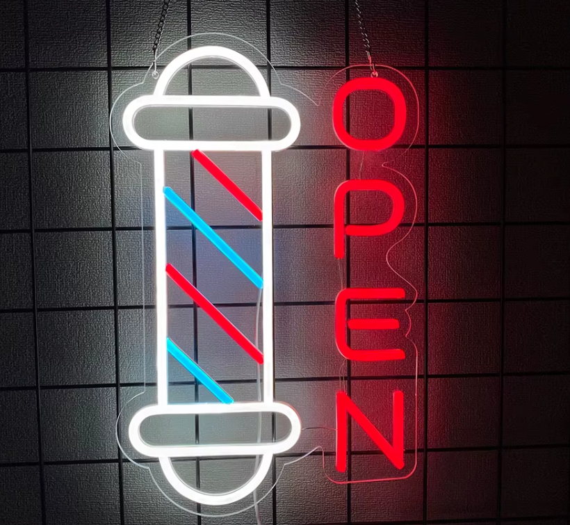 LED Neon Sign - Barbershop Open (39.2 × 25 cm) for Business Use