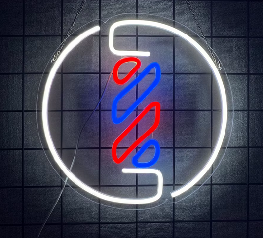 LED Neon Sign - Barbershop Round (34.7 × 34.5 cm) for Business Use