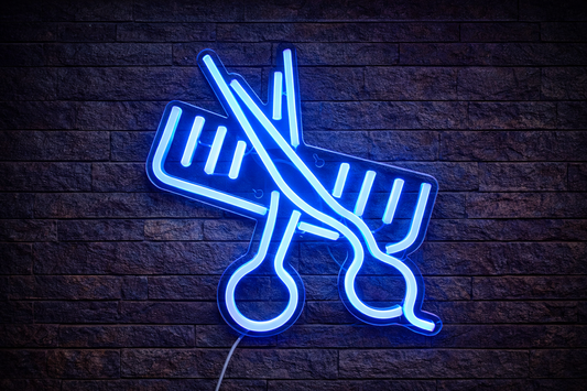 LED Neon Sign - Scissors & Comb (36 × 24 cm) for Business Use
